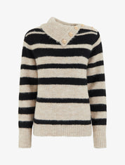 Pull rayé à col châle fantaisie et bouton bijoux - Noir/taupe - 1