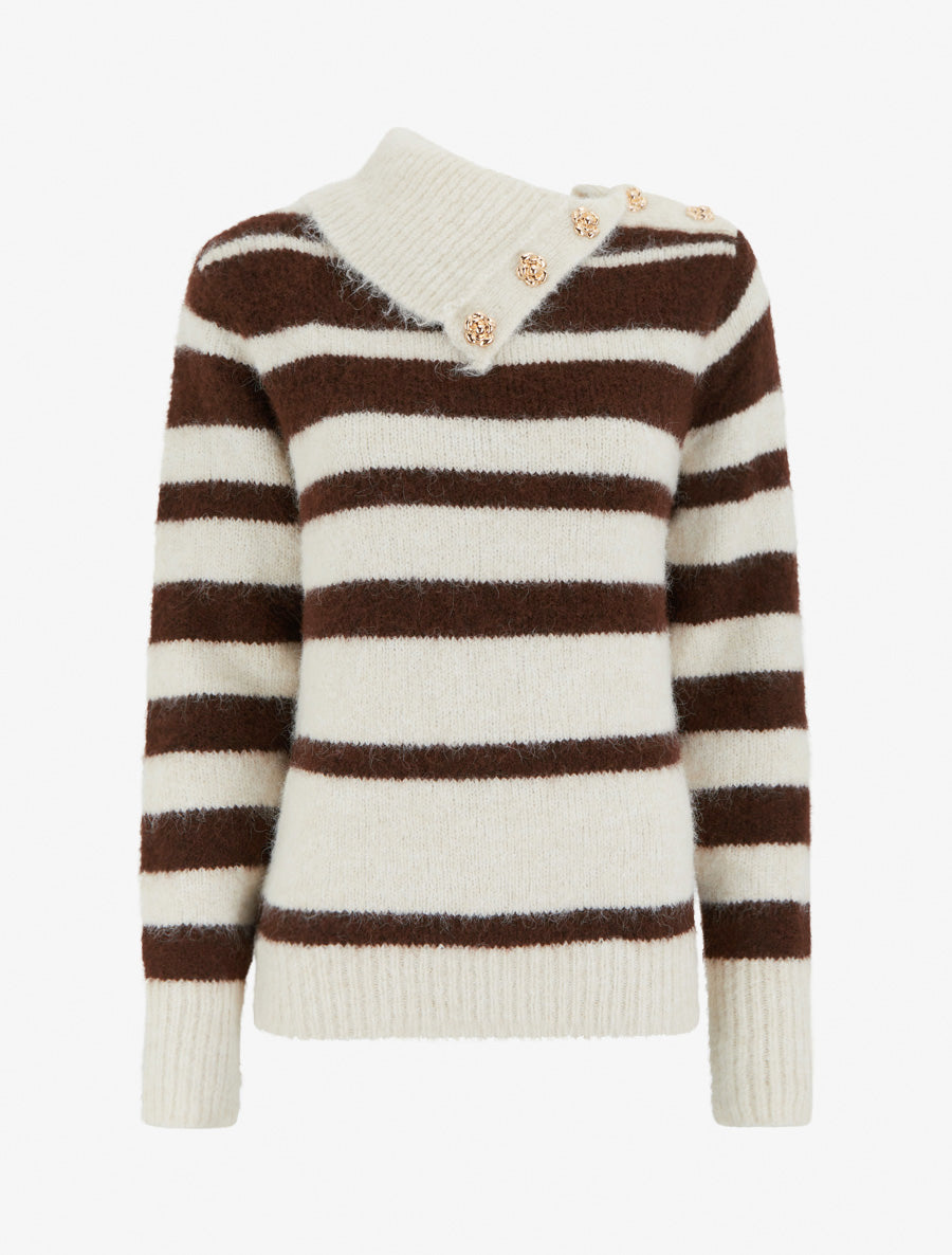 Pull rayé à col châle fantaisie et bouton bijoux - Marron/beige - 1