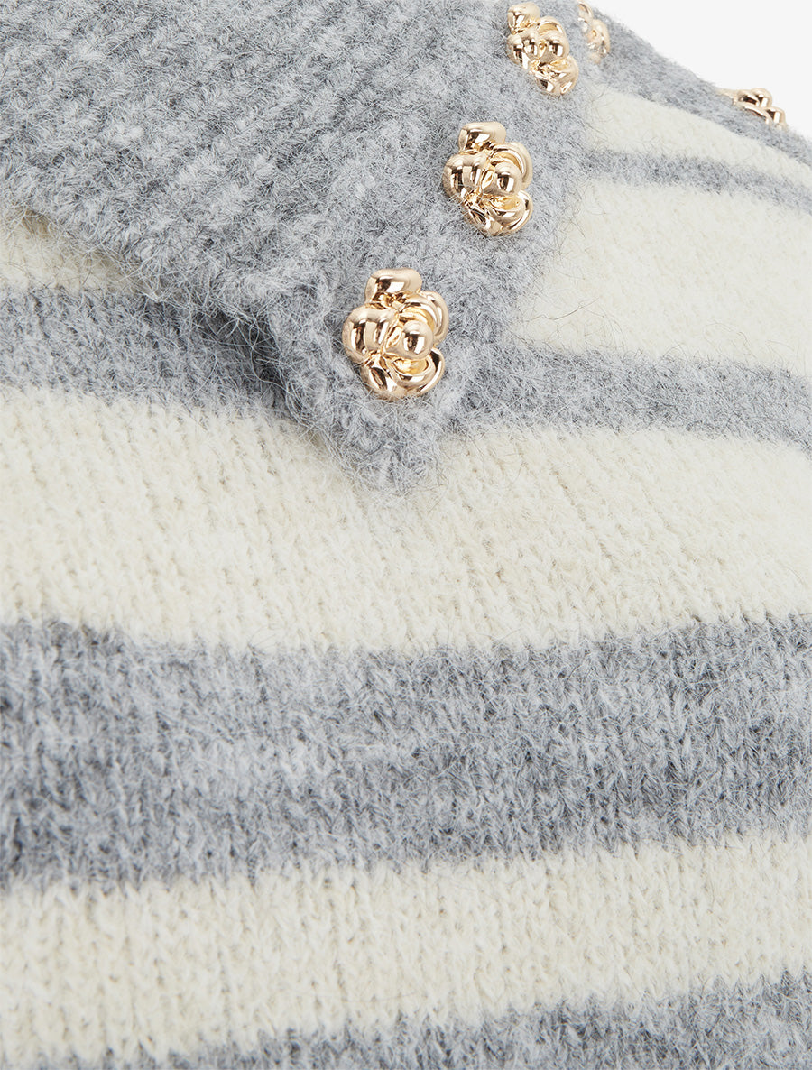 Pull rayé à col châle fantaisie et bouton bijoux - Gris/beige - 3