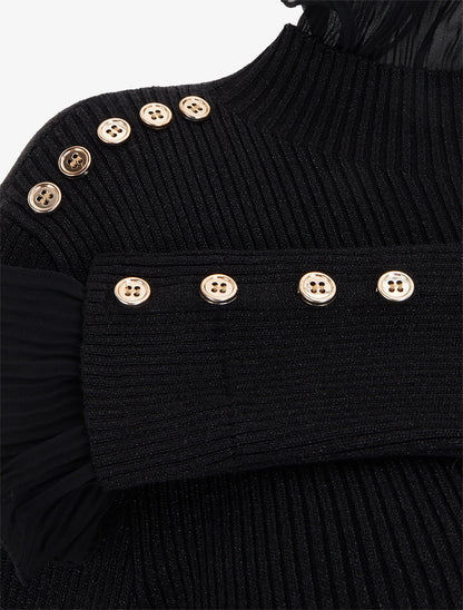 Pull côtelé et pailleté à col montant volanté - Noir - 3