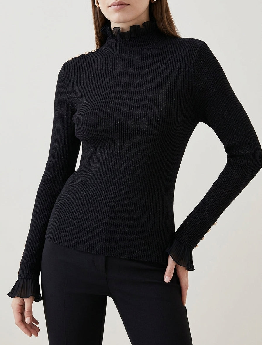 Maglione a coste e glitter con collo alto arricciato - Nero