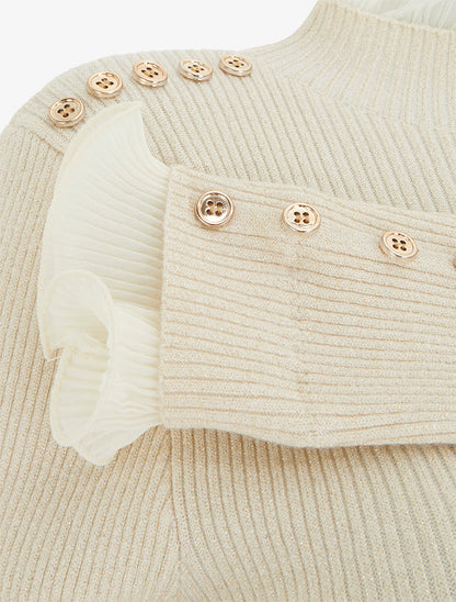 Pull côtelé et pailleté à col montant volanté - Beige - 3