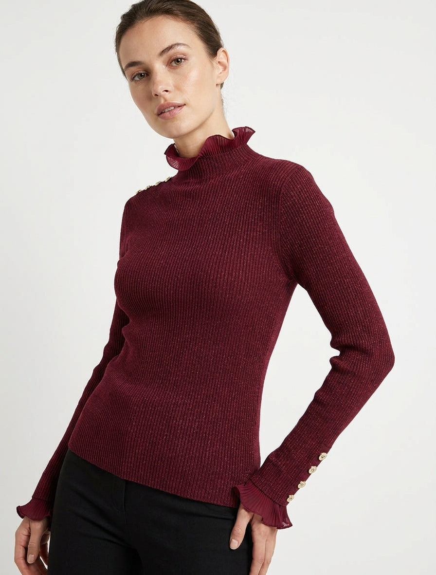 Maglione a coste e glitter con collo alto arricciato - Bordeaux