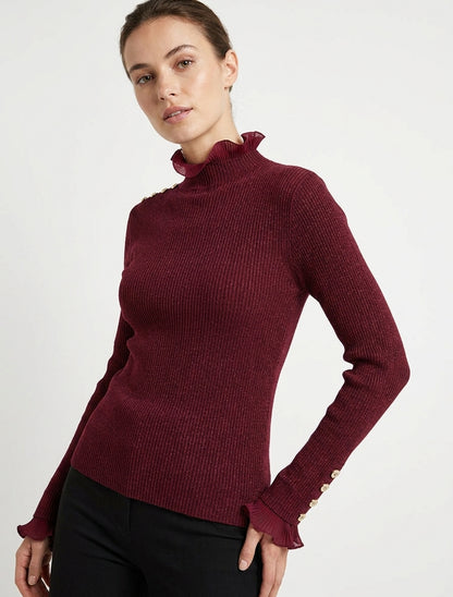 Maglione a coste e glitter con collo alto arricciato - Bordeaux