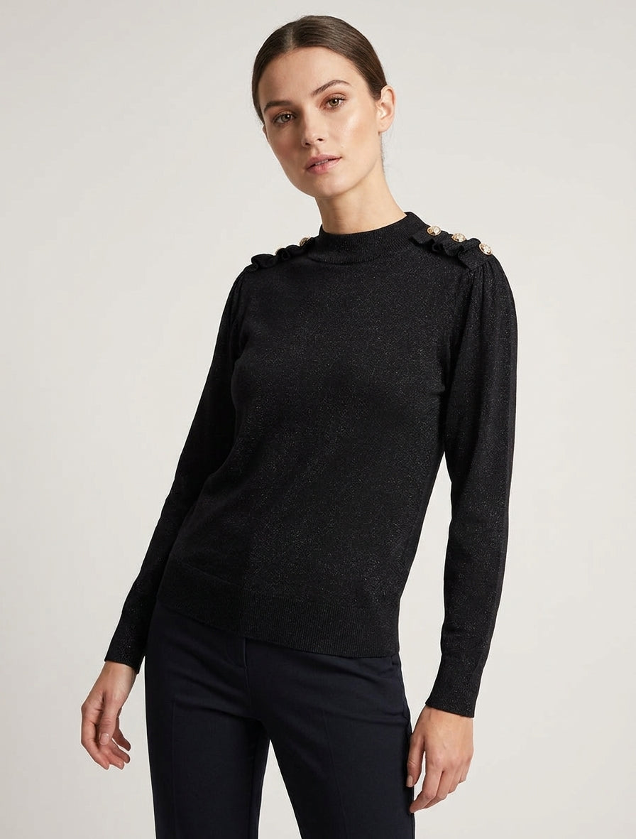 Maglione semplice glitterato con bottoni decorativi. - Nero