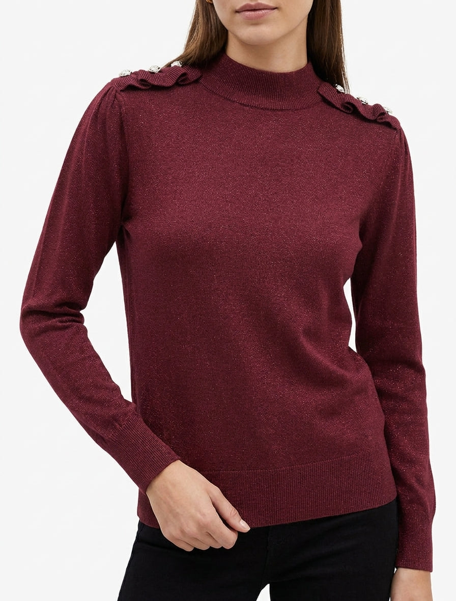 Maglione semplice glitterato con bottoni decorativi. - Bordeaux