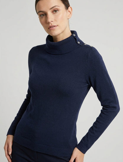 Maglione sottile a coste con collo alto abbottonato - Marina