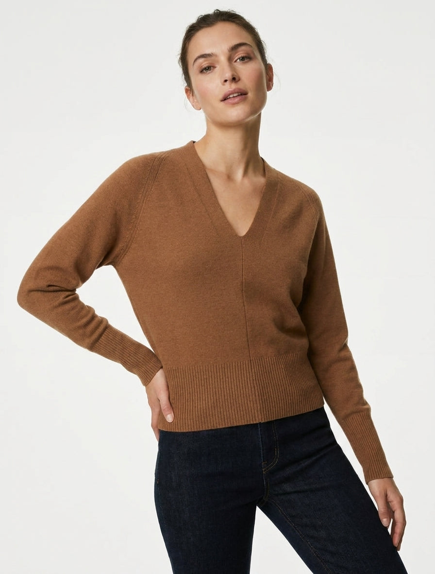 Maglione a tinta unita con scollo a V - Chameau
