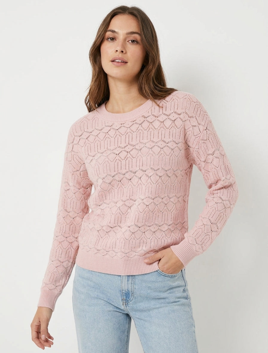 Maglia traforata a tinta unita con scollo rotondo - Rosa