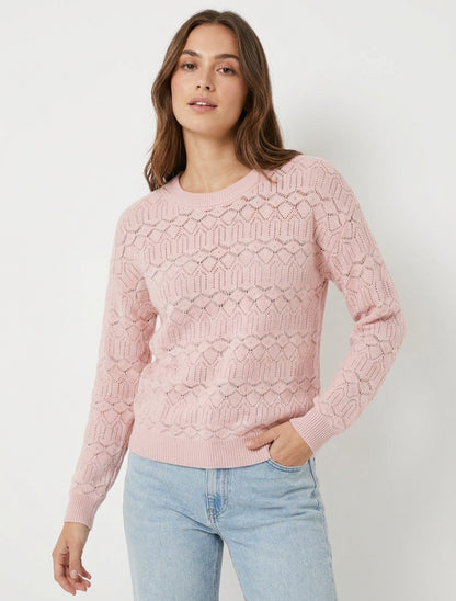 Maglia traforata a tinta unita con scollo rotondo - Rosa