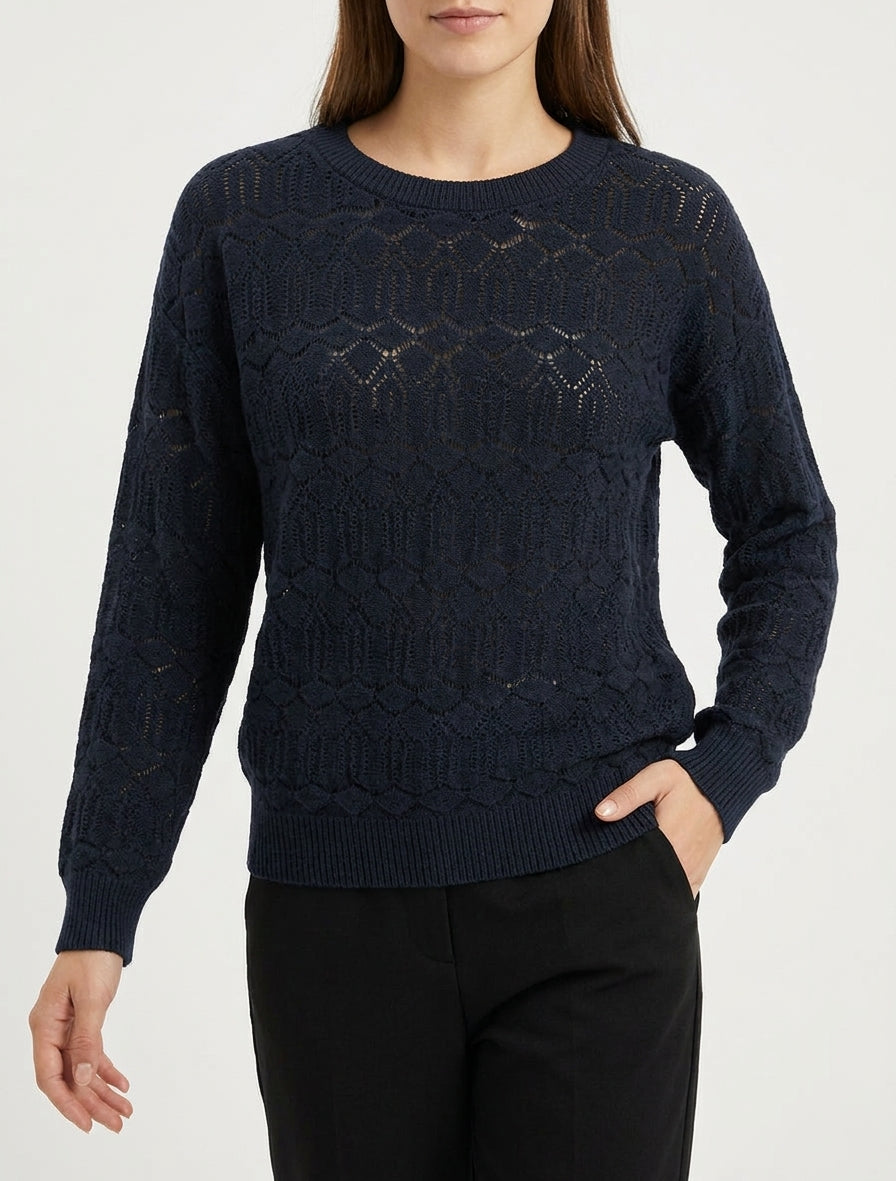 Maglia traforata a tinta unita con scollo rotondo - Blu notte