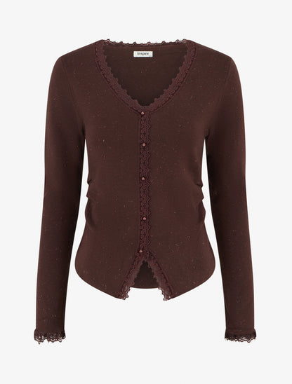 Pull côtelé à fils irisés et dentelle - Marron - 1