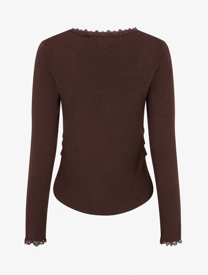 Pull côtelé à fils irisés et dentelle - Marron - 2