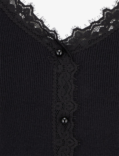 Pull côtelé à fils irisés et dentelle - Noir - 3