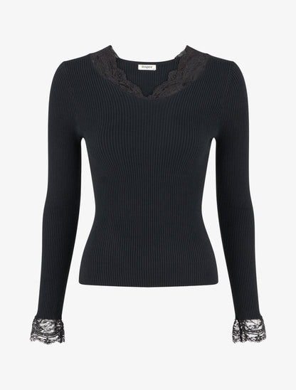 Pull côtelé à col en dentelle - Noir - 1