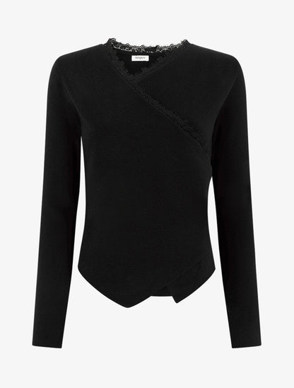 Pull côtelé asymétrique à détail dentelle - Noir - 1