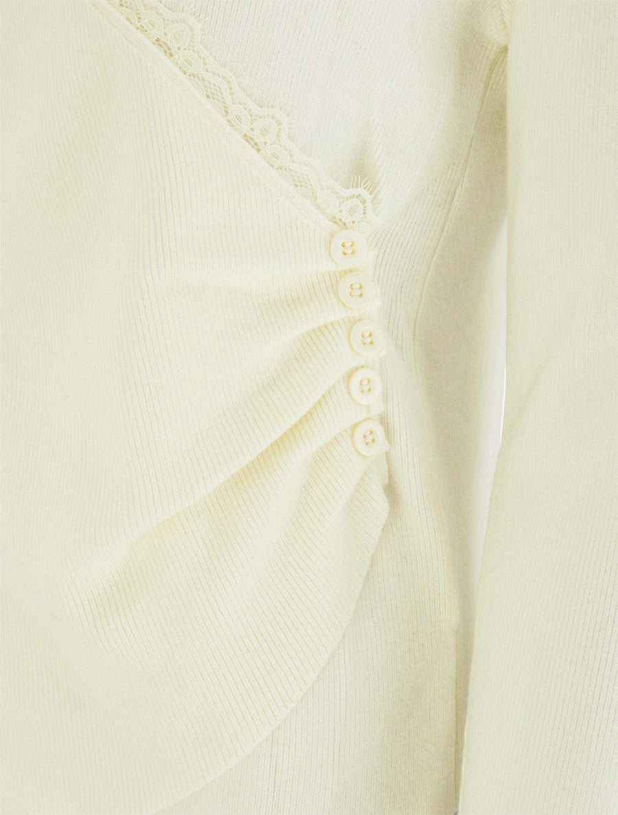 Pull côtelé asymétrique à détail dentelle - Crème - 3