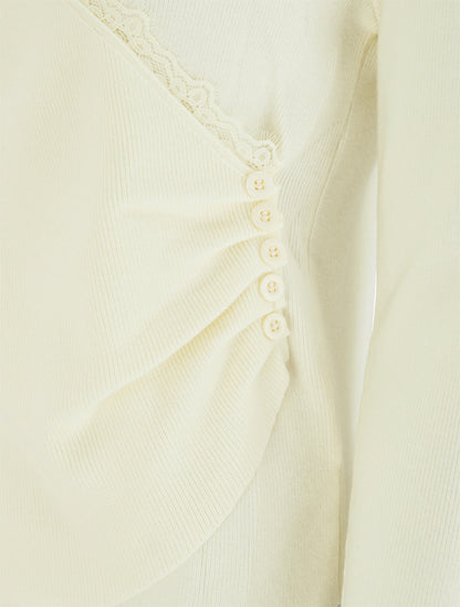 Pull côtelé asymétrique à détail dentelle - Crème - 3