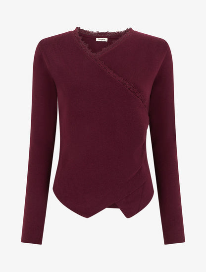 Pull côtelé asymétrique à détail dentelle - Lie de vin - 1