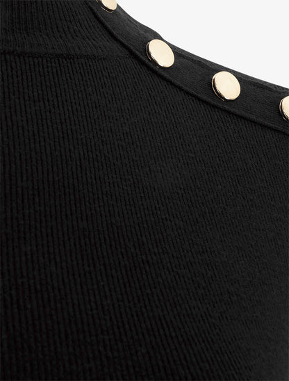 Pull fin ajusté à col montant et boutons décoratifs - Noir - 3