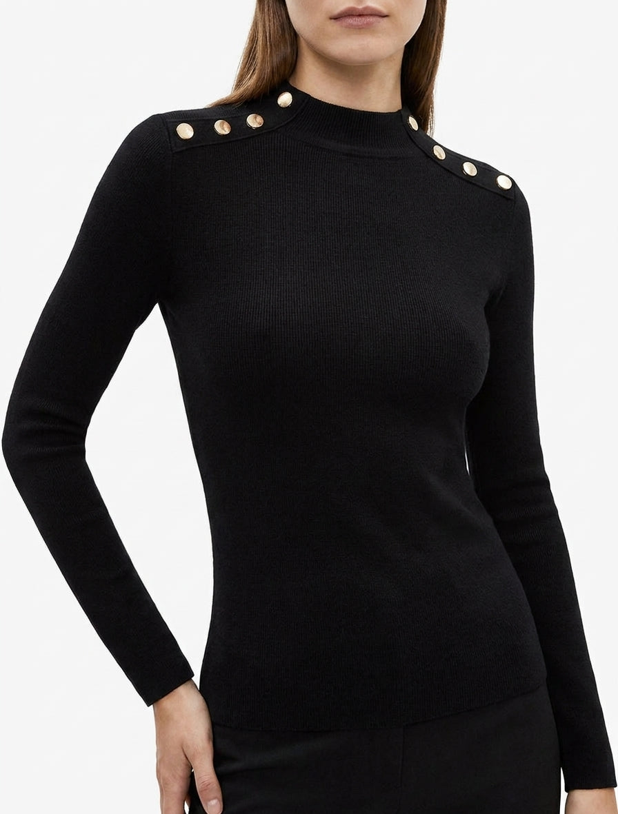 Maglia sottile aderente a collo alto con bottoni decorativi. - Nero