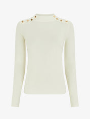 Pull fin ajusté à col montant et boutons décoratifs - Crème - 1