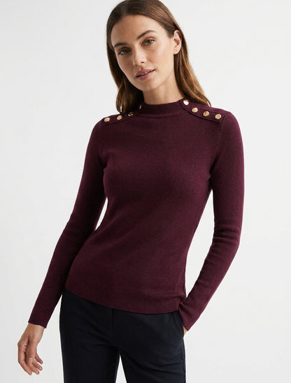 Maglia sottile aderente a collo alto con bottoni decorativi. - Feccia di vino