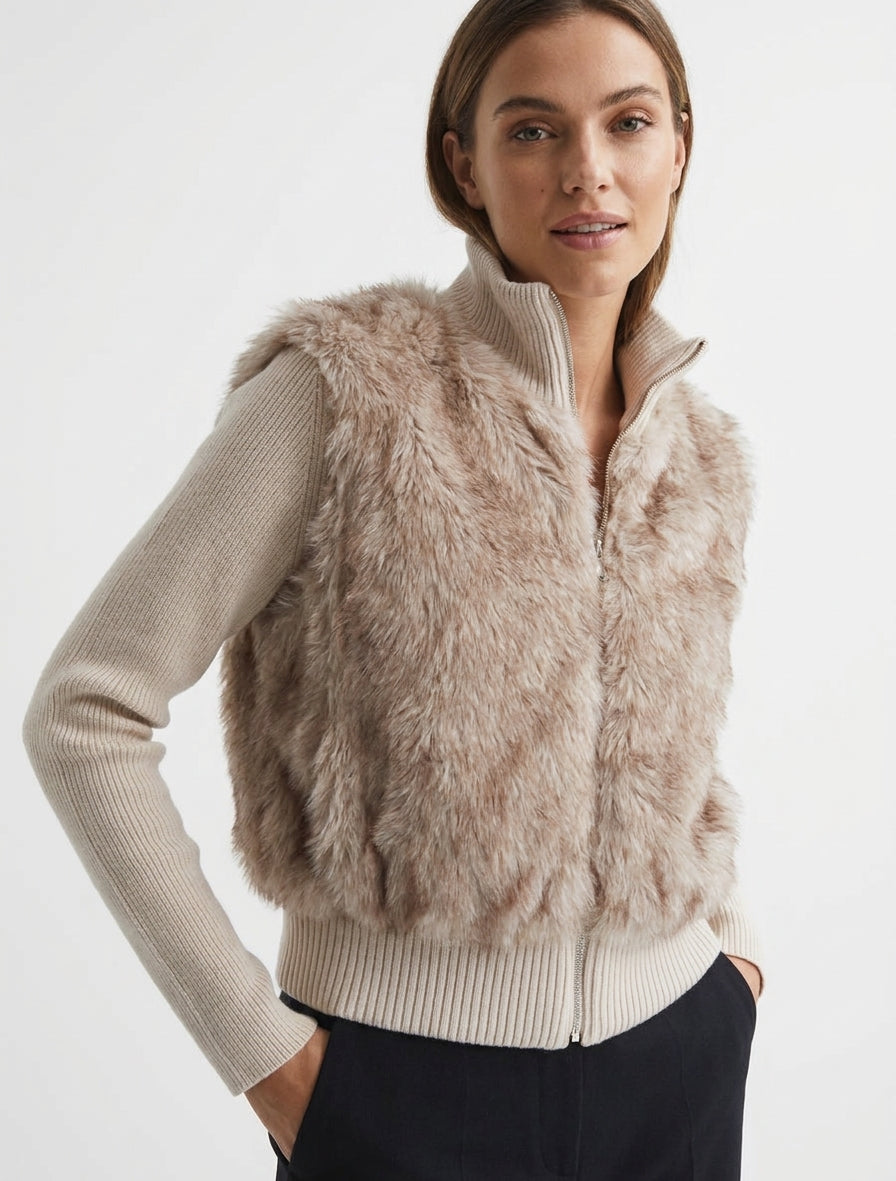 Giacca a coste con inserto in pelliccia sintetica - Beige