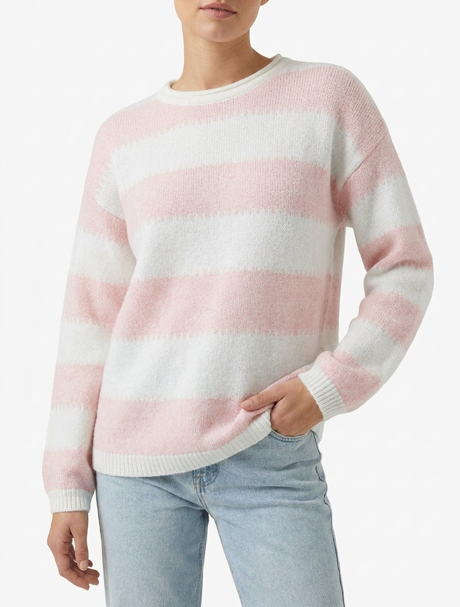 Maglione dritto con scollo rotondo e righe stilizzate. - Rosa