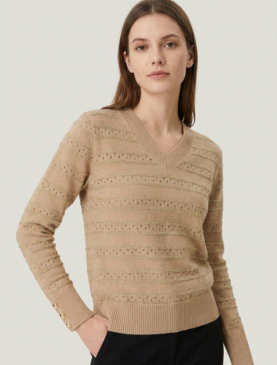 Maglione dritto con scollo a V e righe iridescenti. - Chameau