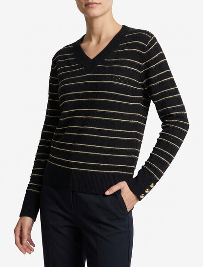 Maglione dritto con scollo a V e righe iridescenti. - Nero