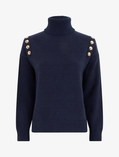 Pull droit à col roulé et boutons décoratifs - Marine - 1