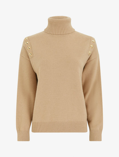 Pull droit à col roulé et boutons décoratifs - Camel clair - 1