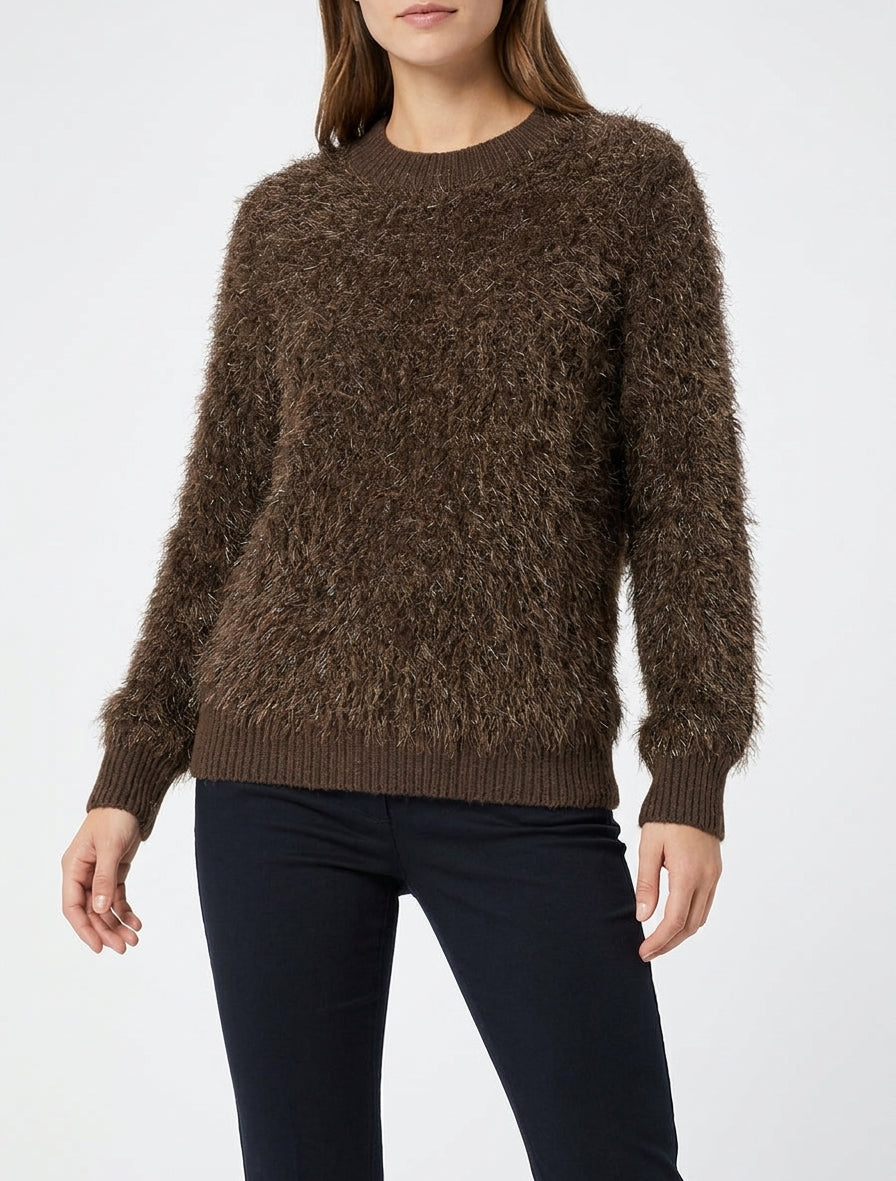 Maglione dritto effetto peluche con collo rotondo. - Marrone