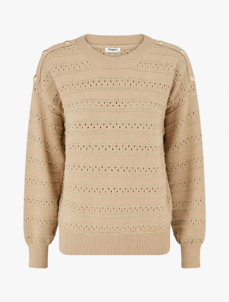 Pull à rayures irisées et boutons décoratifs - Camel clair - 1