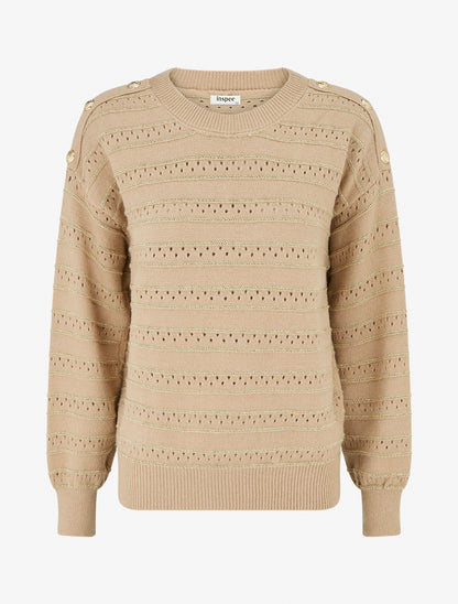 Pull à rayures irisées et boutons décoratifs - Camel clair - 1