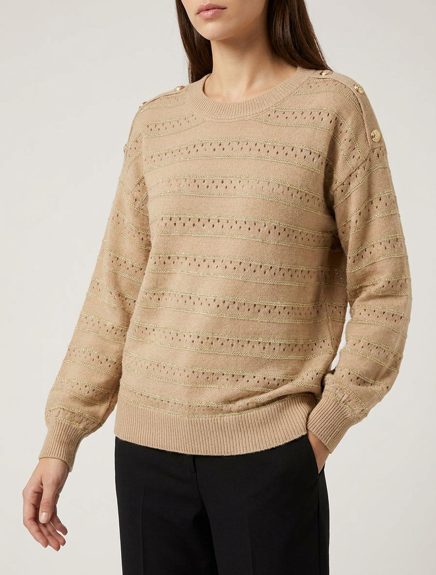 Maglione a righe iridescenti e bottoni decorativi. - Camello chiaro