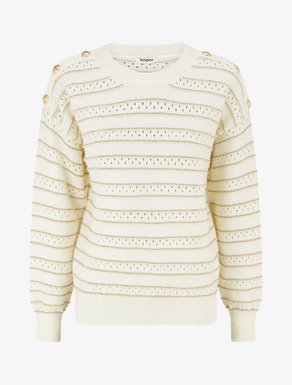 Pull à rayures irisées et boutons décoratifs - Crème - 1