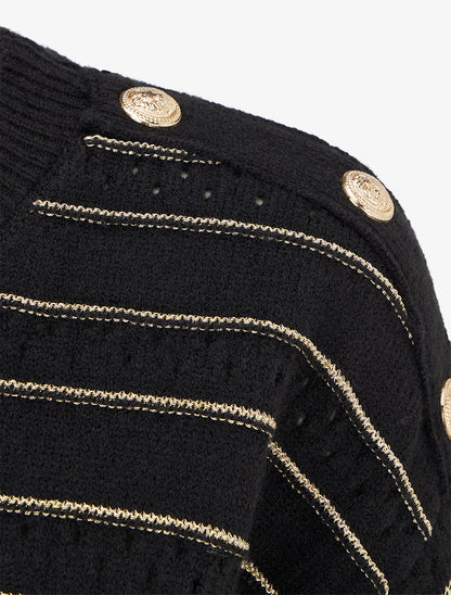 Pull à rayures irisées et boutons décoratifs - Noir - 3