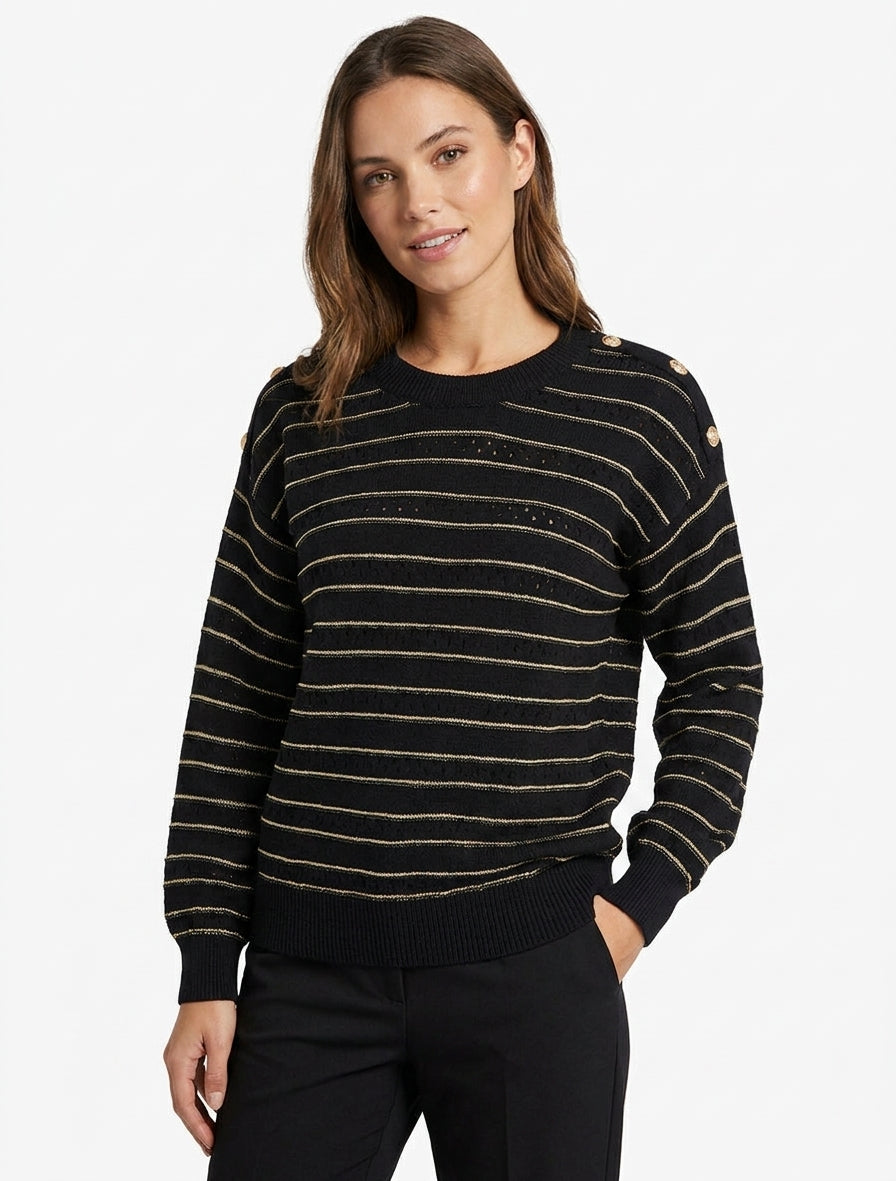 Maglione a righe iridescenti e bottoni decorativi. - Nero