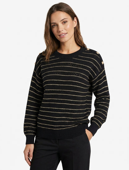Maglione a righe iridescenti e bottoni decorativi. - Nero