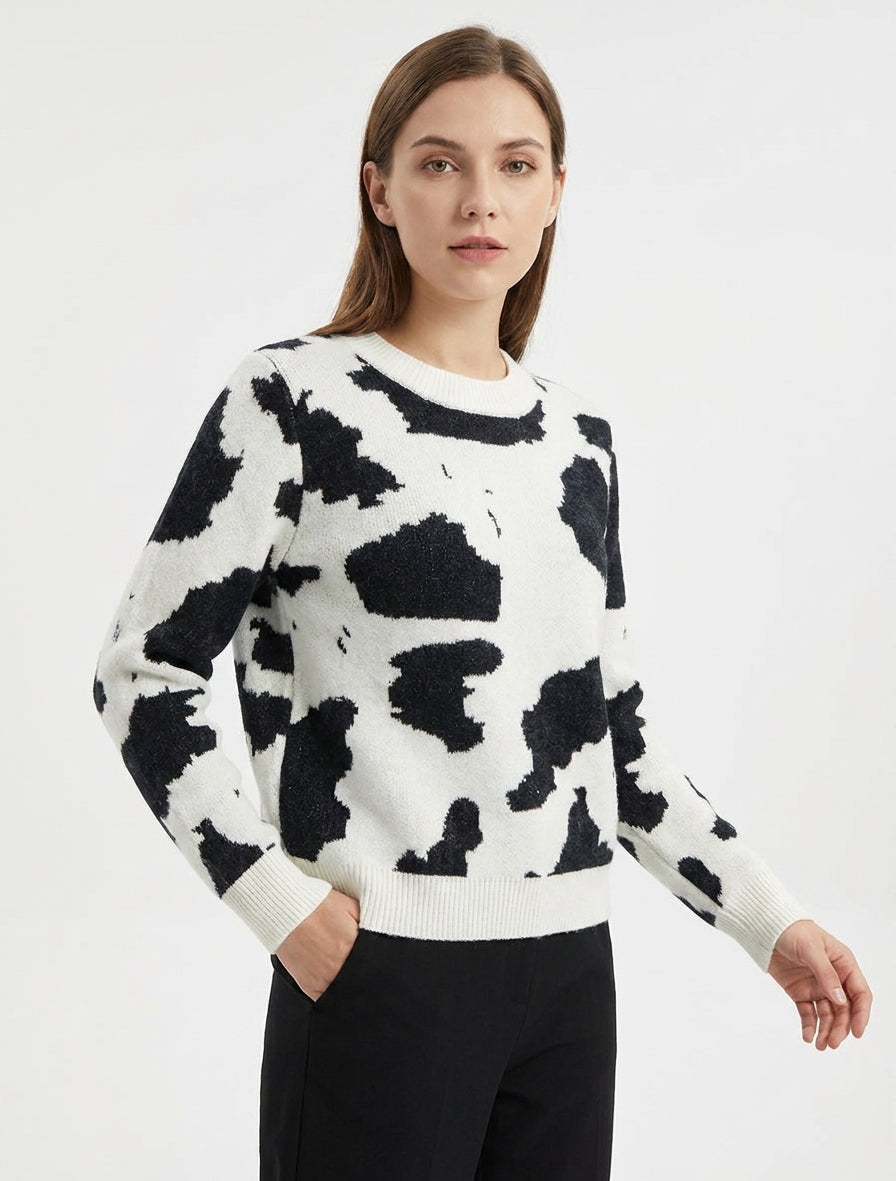 Maglione in maglia a stampa mucca - Bianco