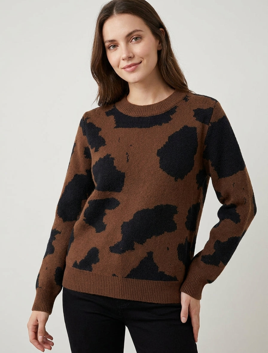 Maglione in maglia a stampa mucca - Marrone