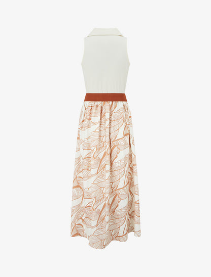 Robe longue à boutons fantaisies et imprimé feuilles - Camel - 2
