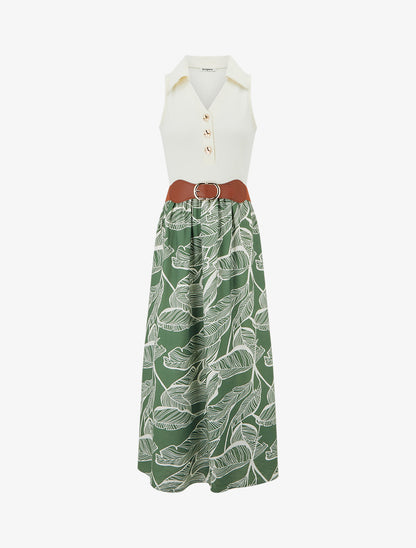 Robe longue à boutons fantaisies et imprimé feuilles - Vert - 1