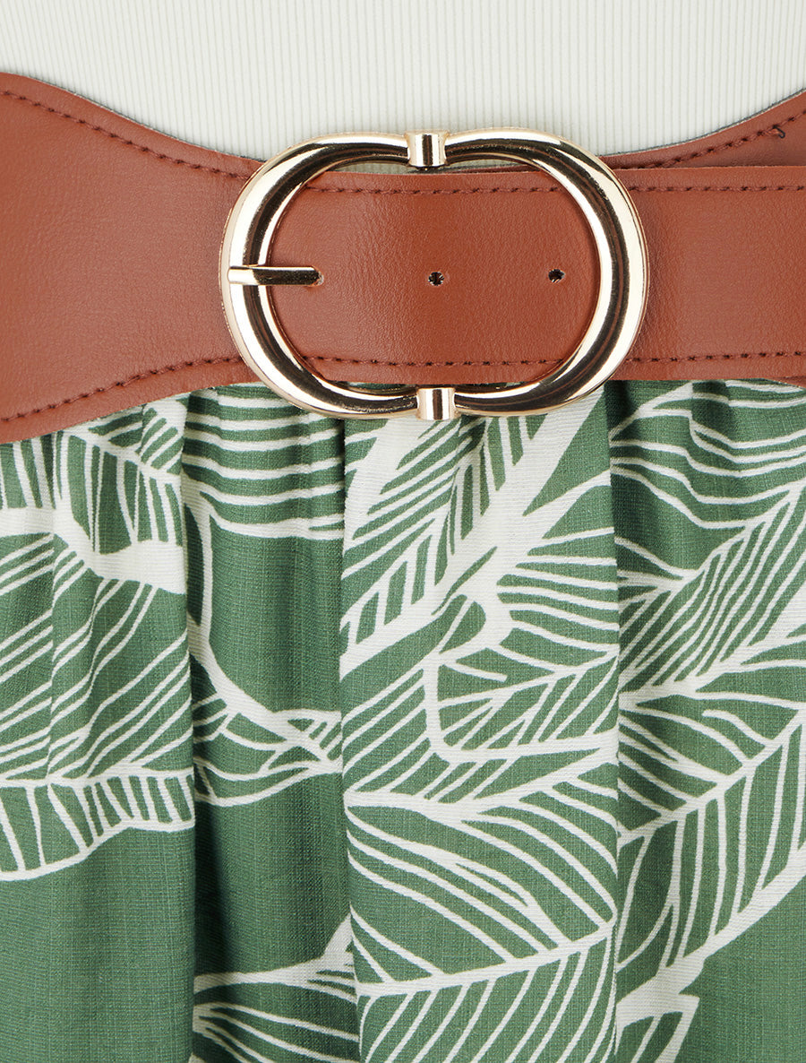 Robe longue à boutons fantaisies et imprimé feuilles - Vert - 3