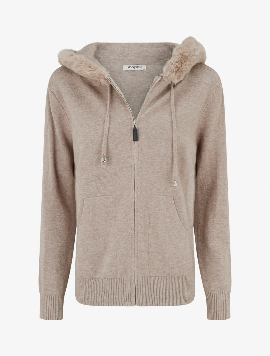 Sweat fin à capuche à fourrure et zip - Taupe - 1