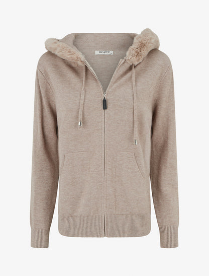 Sweat fin à capuche à fourrure et zip - Taupe - 1