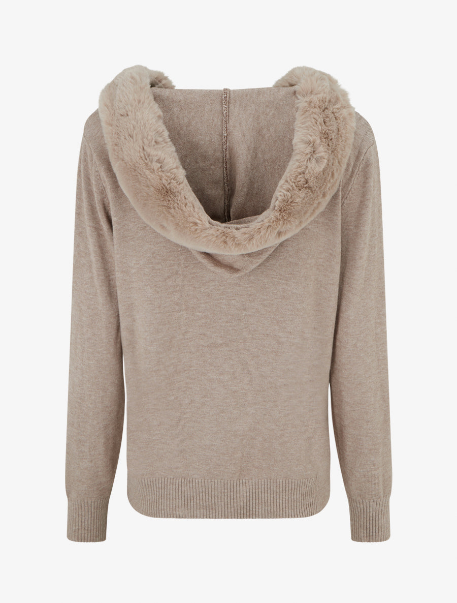 Sweat fin à capuche à fourrure et zip - Taupe - 2
