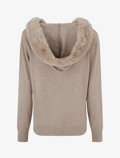 Sweat fin à capuche à fourrure et zip - Taupe - 2